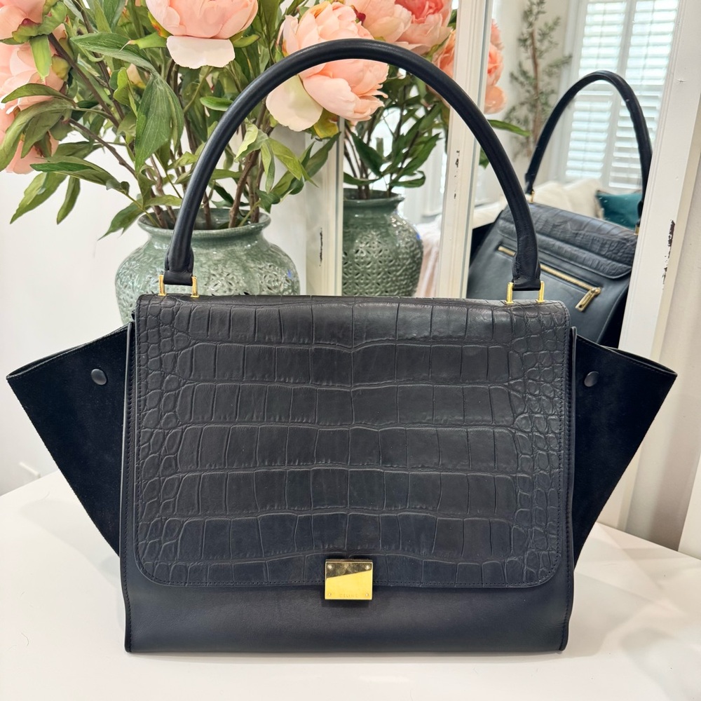 Celine black crocodile embossed leather large trapeze handbag